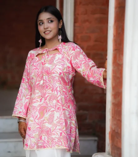 Pushpita – Blush Pink Botanical Print Kurti Set for Everyday Grace