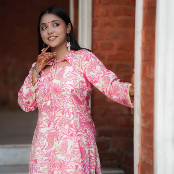 Pushpita – Blush Pink Botanical Print Kurti Set for Everyday Grace
