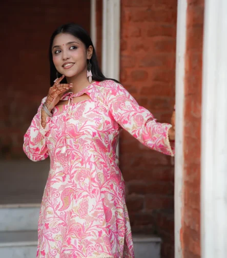 Pushpita – Blush Pink Botanical Print Kurti Set for Everyday Grace
