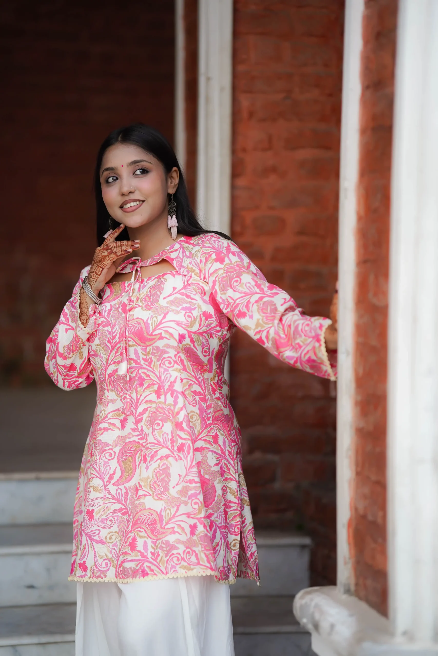 MAP08248 Pushpita – Blush Pink Botanical Print Kurti Set for Everyday Grace